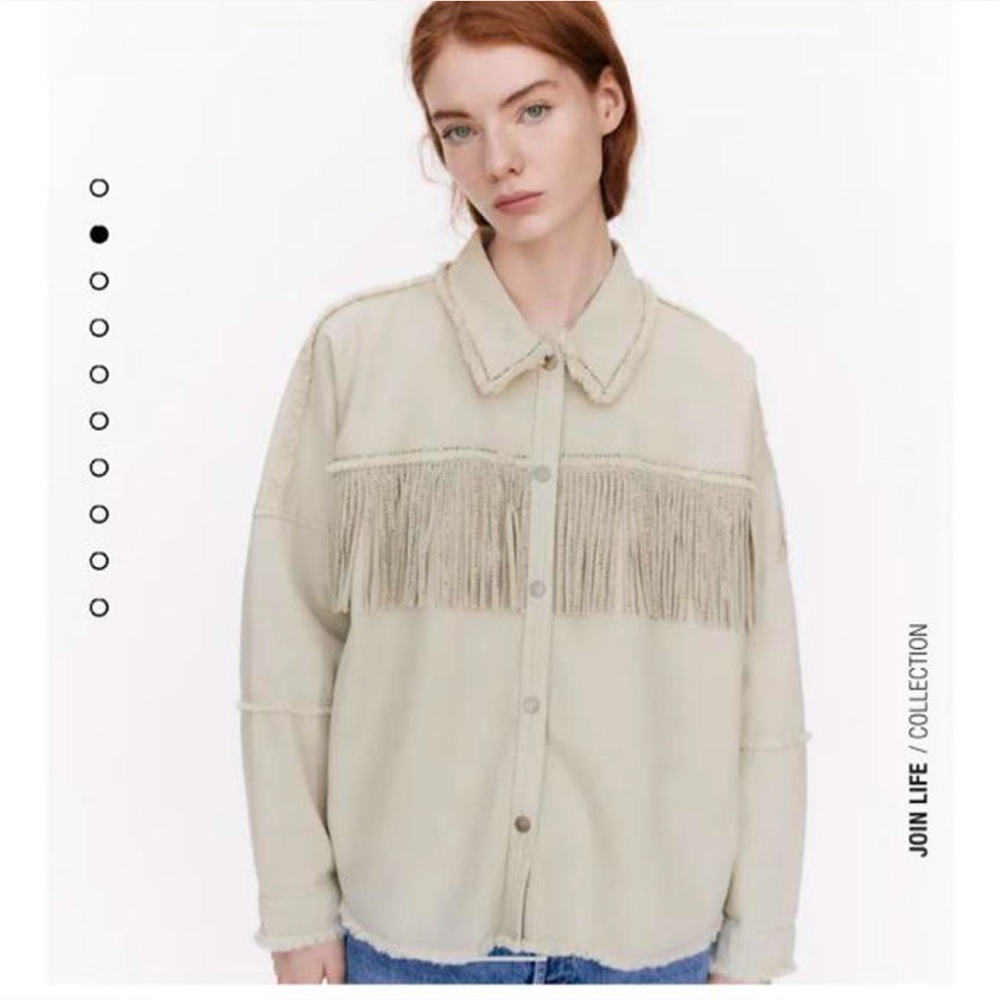Zara Cream Fringe Oversized Jean Jacket